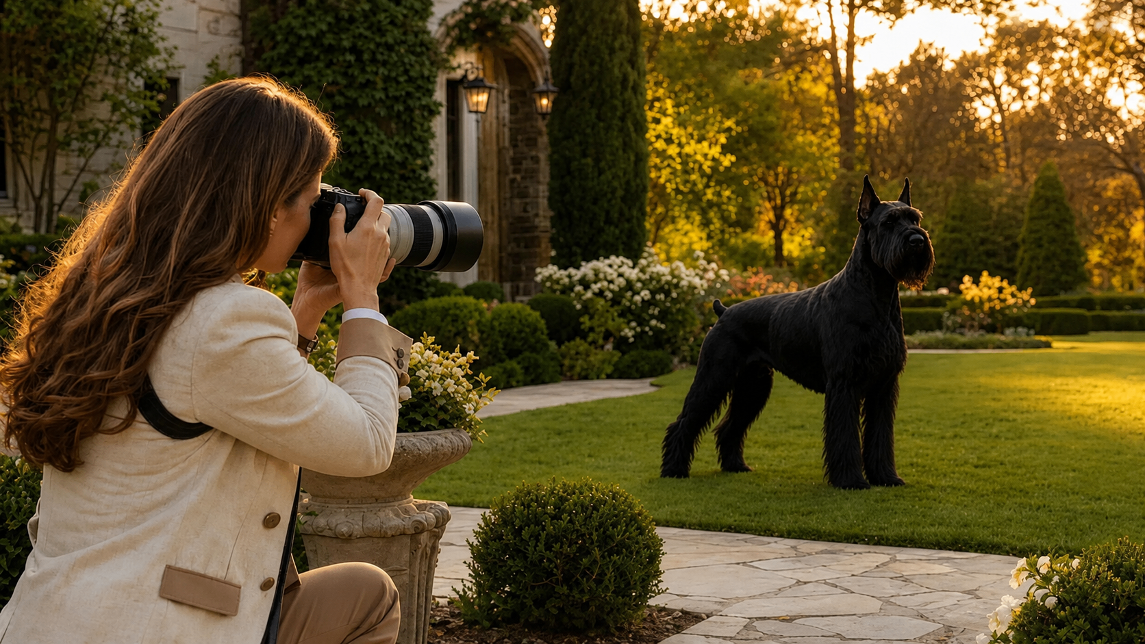 A photographer with a long lens photographing a black schnauzer in a garden at sunset