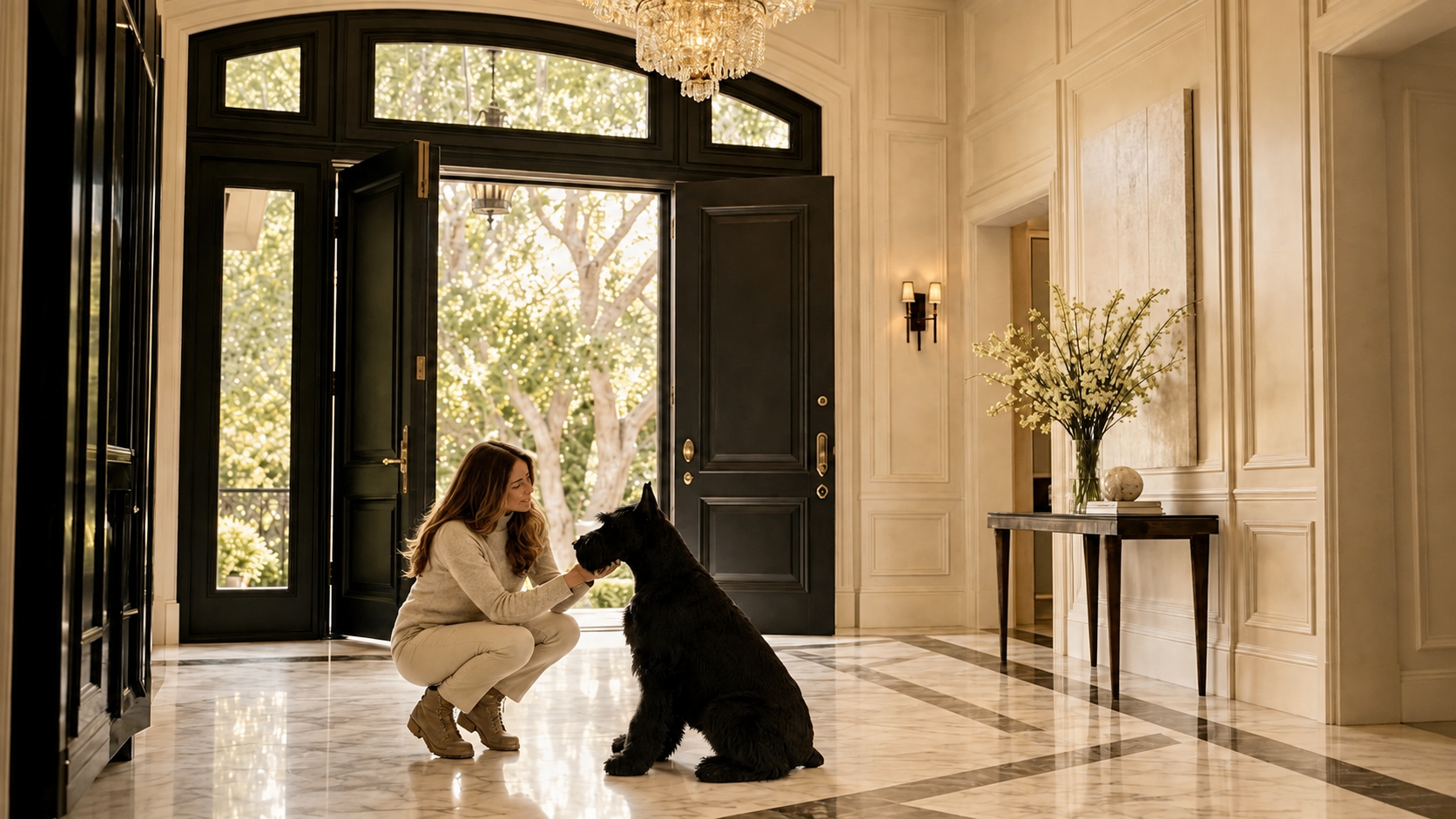 Carol kneeling to greet a black schnauzer in a bright entrance hall