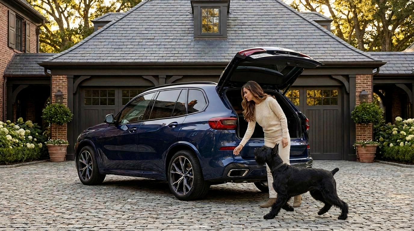 Carol by the open rear door of a navy SUV as a black schnauzer runs to greet her on a cobblestone driveway