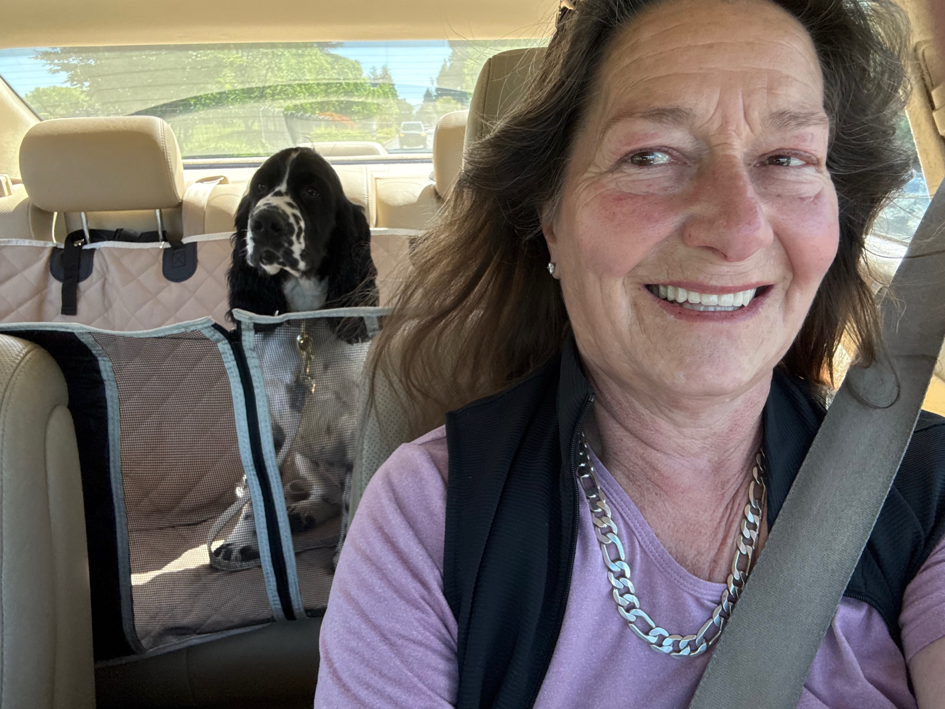 Carol smiling in the car with an English Springer Spaniel in the back seat