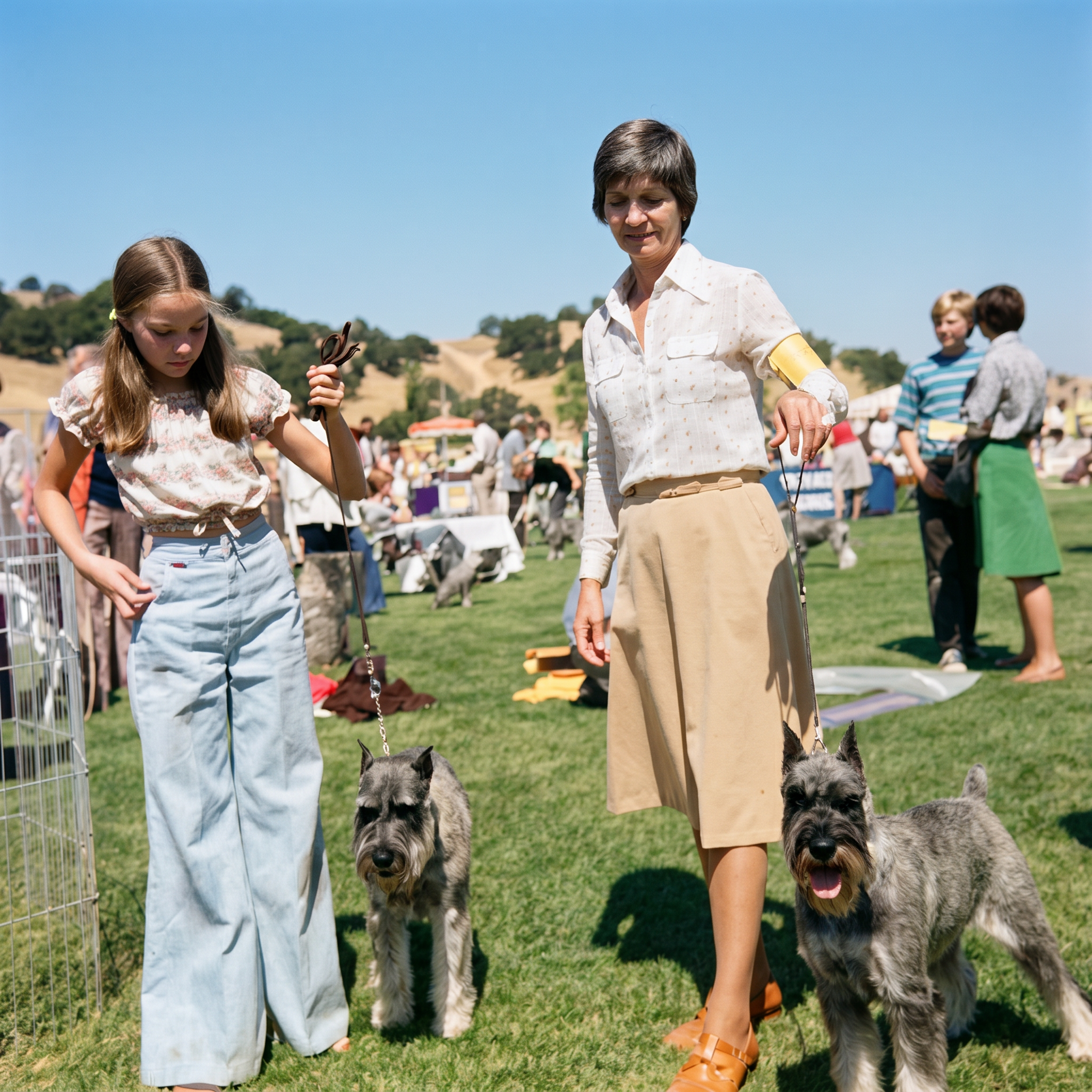 Carol at a dog show as a young girl with her mother and their Schnauzers