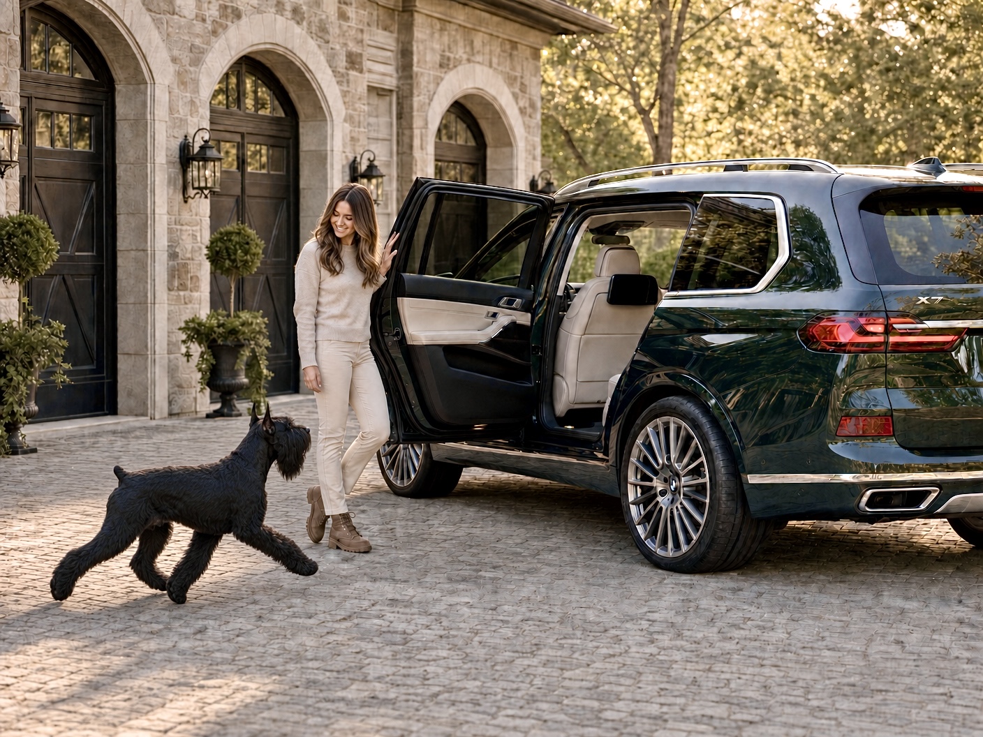 Premium pet transportation in a forest green BMW SUV