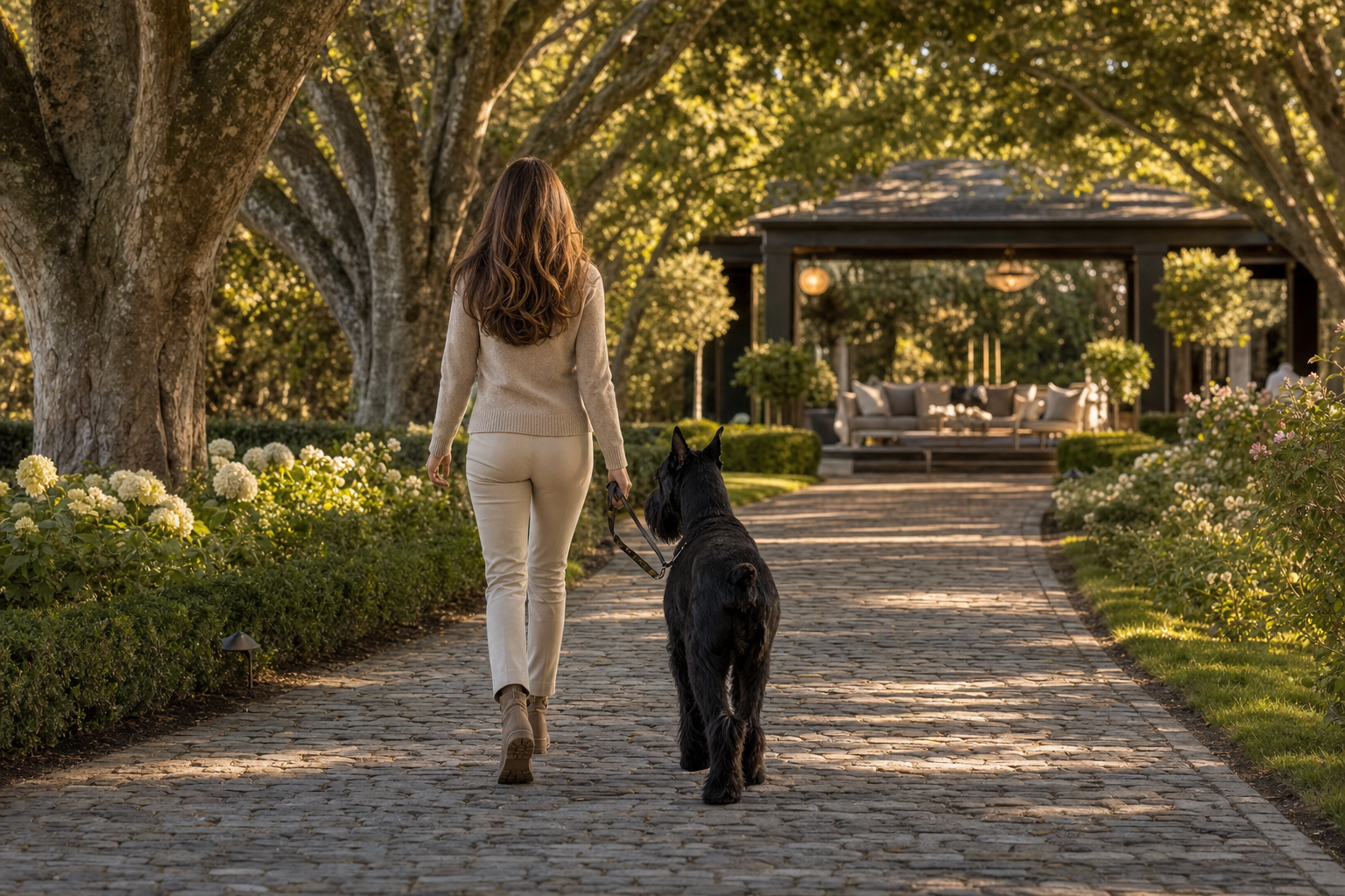 Carol walking her Giant Schnauzer down a beautiful tree-lined path